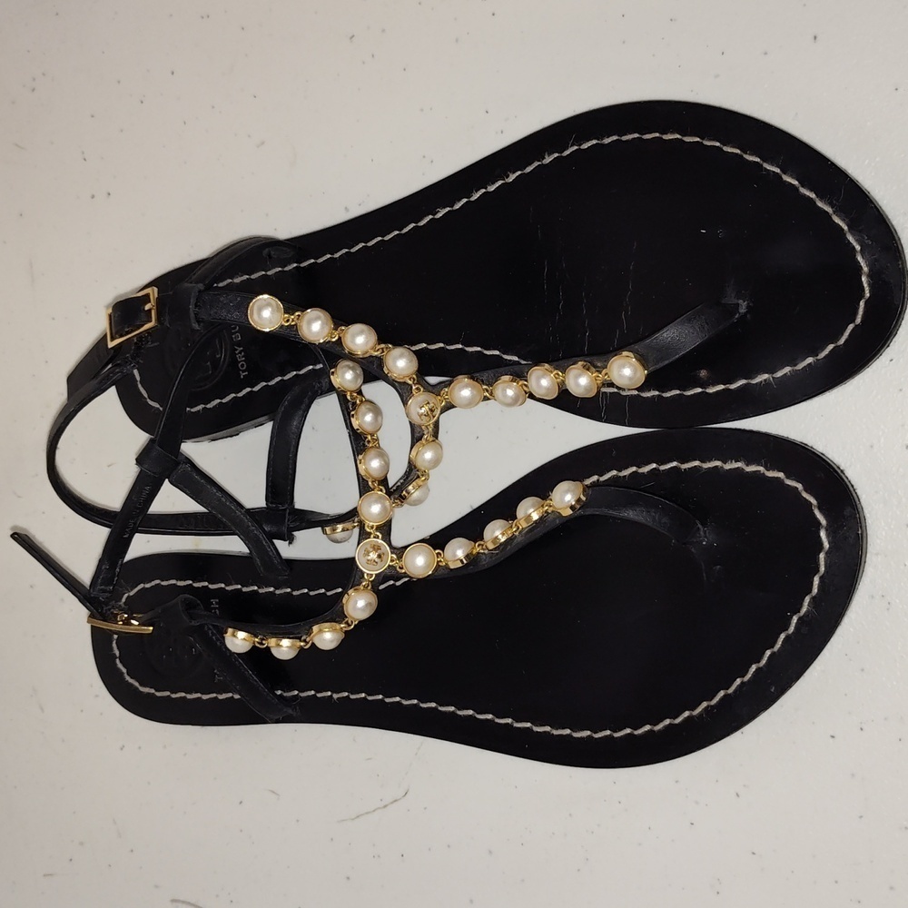 Tory burch sandals black and gold with pearls size 8